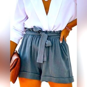 Paitluc Shorts Women Ruffle Linen Shorts Casual Drawstring Gray Size XL